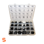 Open plastic organizer case with black auto body bolts, screws, clips, and nuts in divided compartments