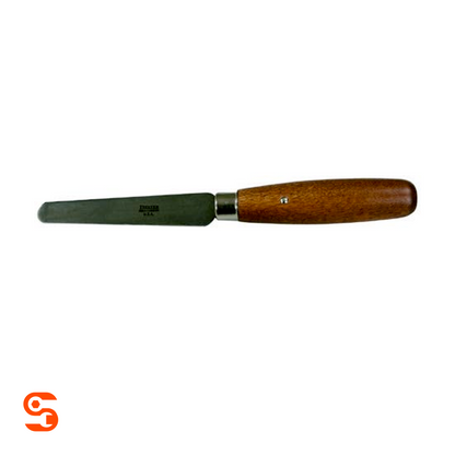 Tire skiving knife with dark metal blade and rounded wooden handle, single piece