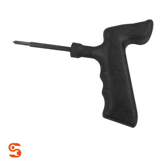 Black spiral cement probe with T-handle grip and textured metal tip on a white background