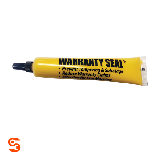 Yellow Warranty Seal tube with black cap and white crimped end, 1.8 oz