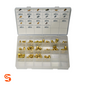 Open plastic organizer case with assorted brass brake line adapters, labeled lid chart, 80 pieces total