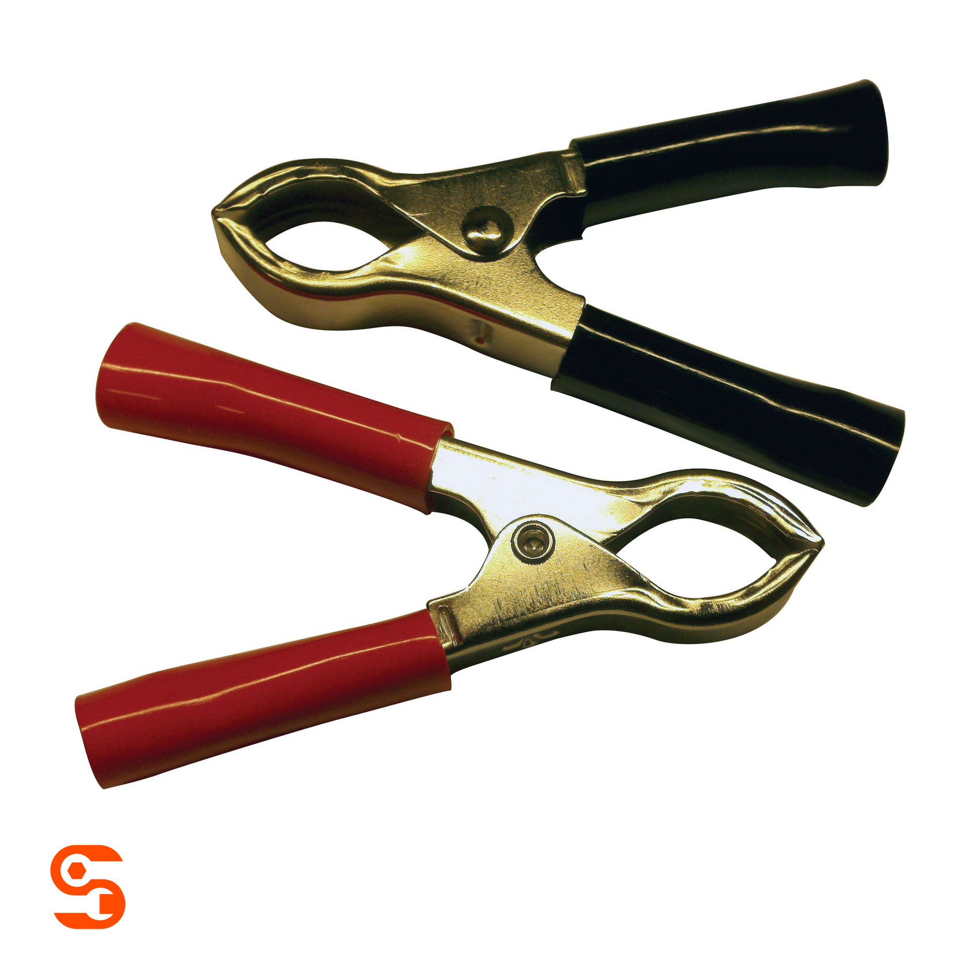 Pair of 30 amp battery clips with red and black insulated handles and metal clamps