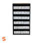 Black wall cabinet stocked with 30 white labeled fastener boxes, holding a 750-piece assortment