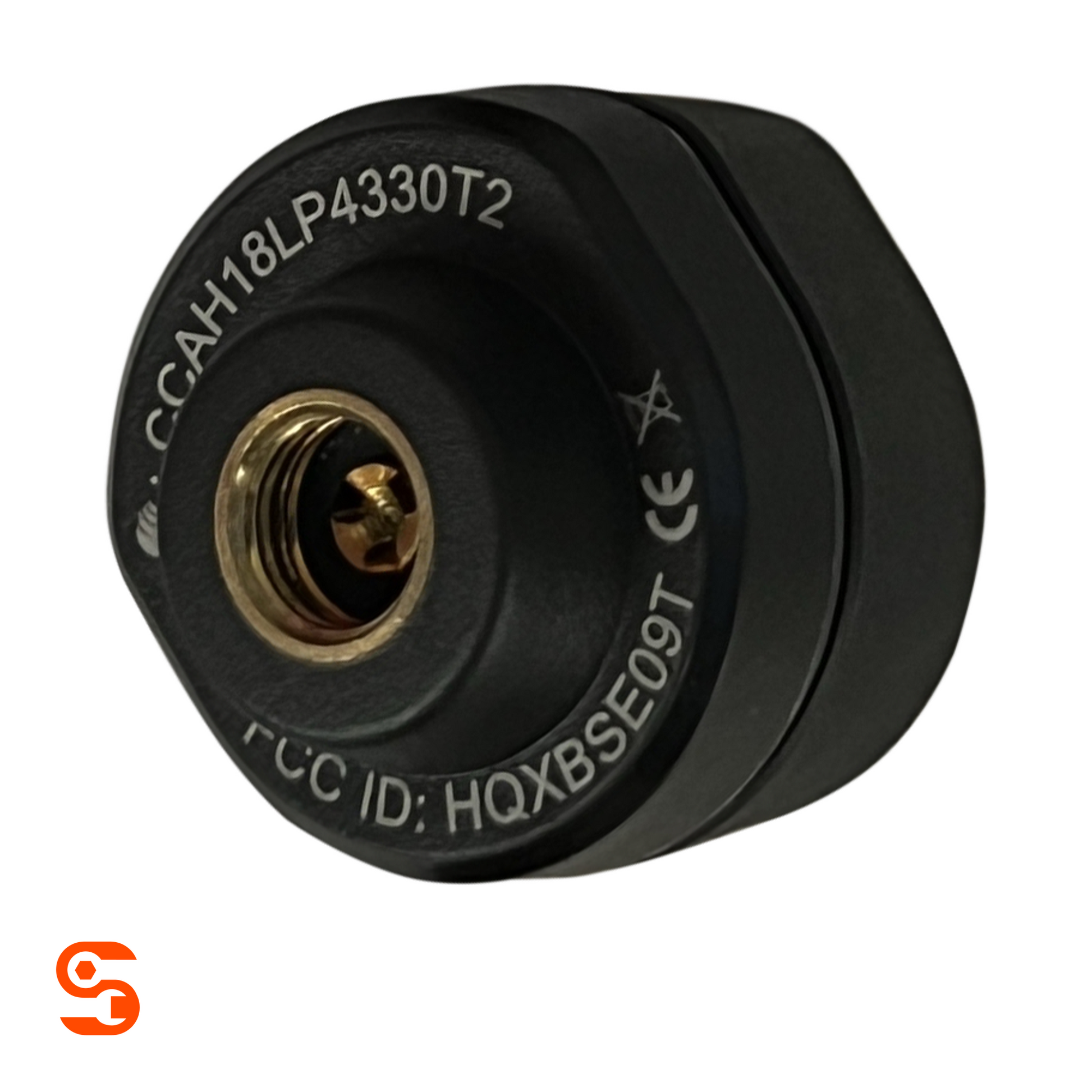 Black external TPMS sensor with brass valve fitting and printed certification markings