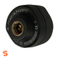 Black external TPMS sensor with brass valve fitting and printed certification markings