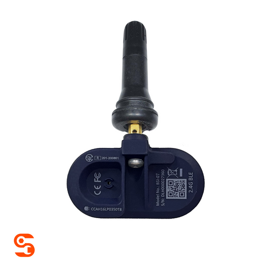 Black internal retrofit TPMS sensor with rubber snap-in valve stem and visible QR code label