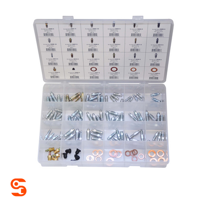 Steel bleeder screw assortment with 24 labeled compartments and 130 metal screws, caps, and copper washers in a clear case