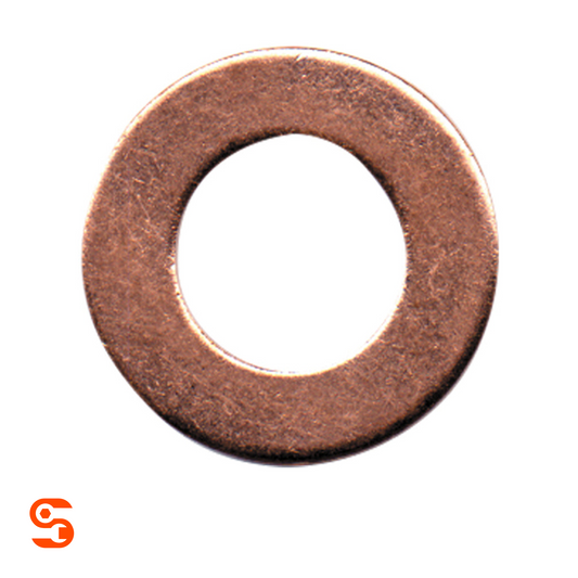 Copper drain plug gasket, round flat metal washer with central hole on white background