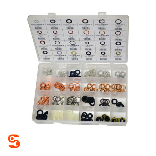 240-piece drain plug gasket assortment in a clear plastic case with labeled compartments and mixed metal and rubber rings