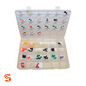 21-compartment plastic case with assorted colored door lock and hood prop clips, 63 pieces total