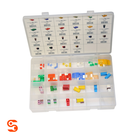 Clear plastic organizer case with assorted colored Micro2, MAXI and JCase fuses and labeled lid compartments