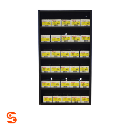Black display rack holding labeled boxes of nuts, bolts, and washers in a hardware assortment
