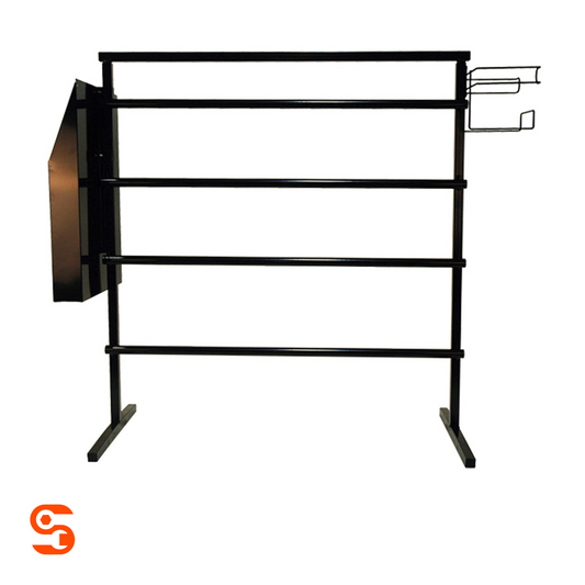 Black steel automotive protection rack with multiple horizontal bars, side dispenser, and compact floor-standing frame