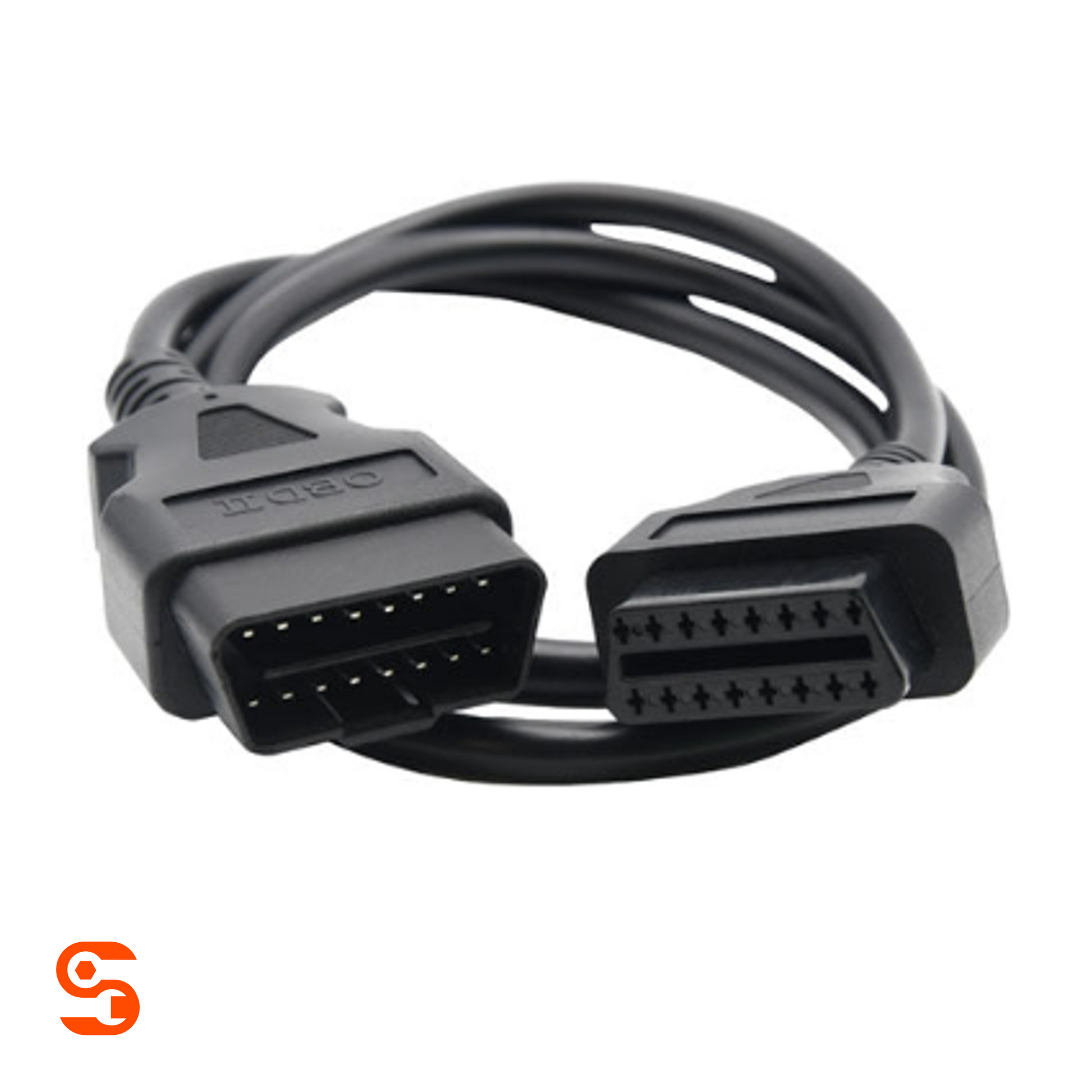 Black TPMS diagnostic OBDII cable with two 16-pin connectors and coiled cord