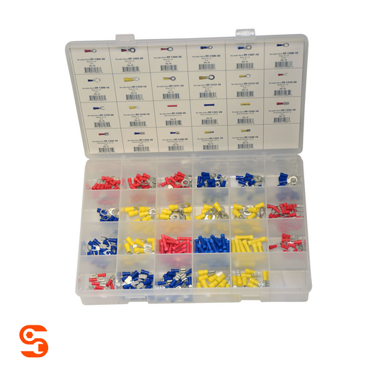 330-piece terminal assortment in a clear plastic organizer case with red, blue, and yellow connectors