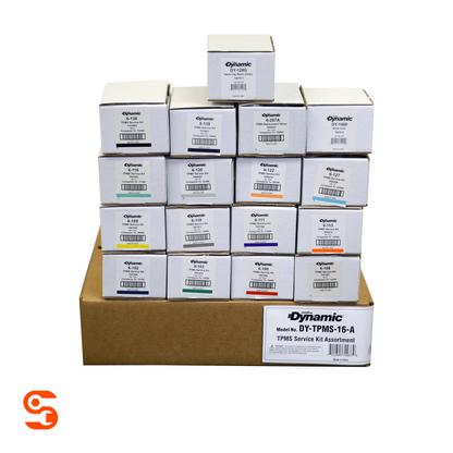 TPMS valve maintenance kit assortment with labeled white boxes stacked on a large cardboard box