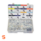 OEM TPMS valve stem assortment in clear organizer case with labeled lid chart and bagged parts, 350 pieces