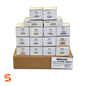 OEM TPMS valve stem assortment with labeled white parts boxes stacked on a brown shipping box