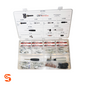 DVT-PRO TPMS sensor starter kit assortment in a clear plastic organizer with sensors, valves, caps, and tools