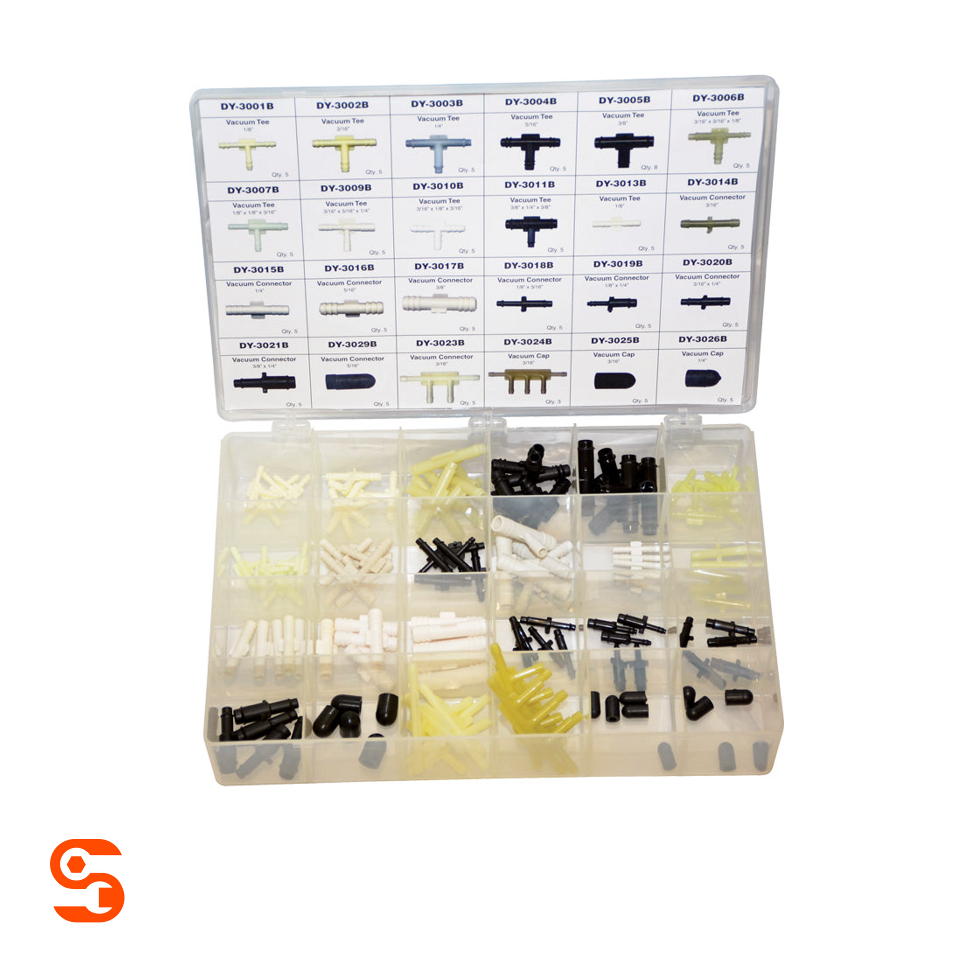 180-piece vacuum tee and connector assortment in a clear plastic organizer case with labeled compartments