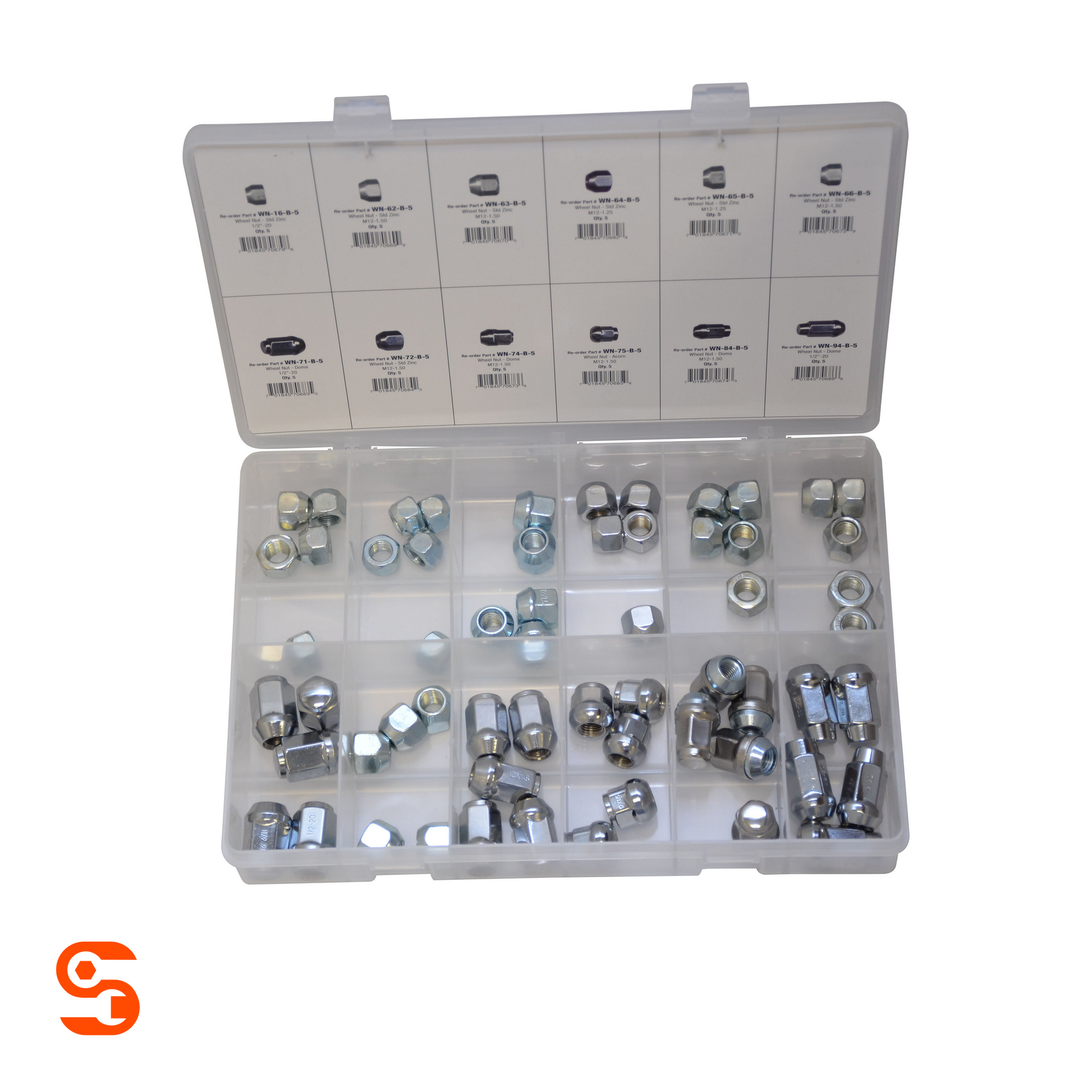 Open plastic organizer case with 12 compartments of assorted silver steel wheel lug nuts and labeled lid