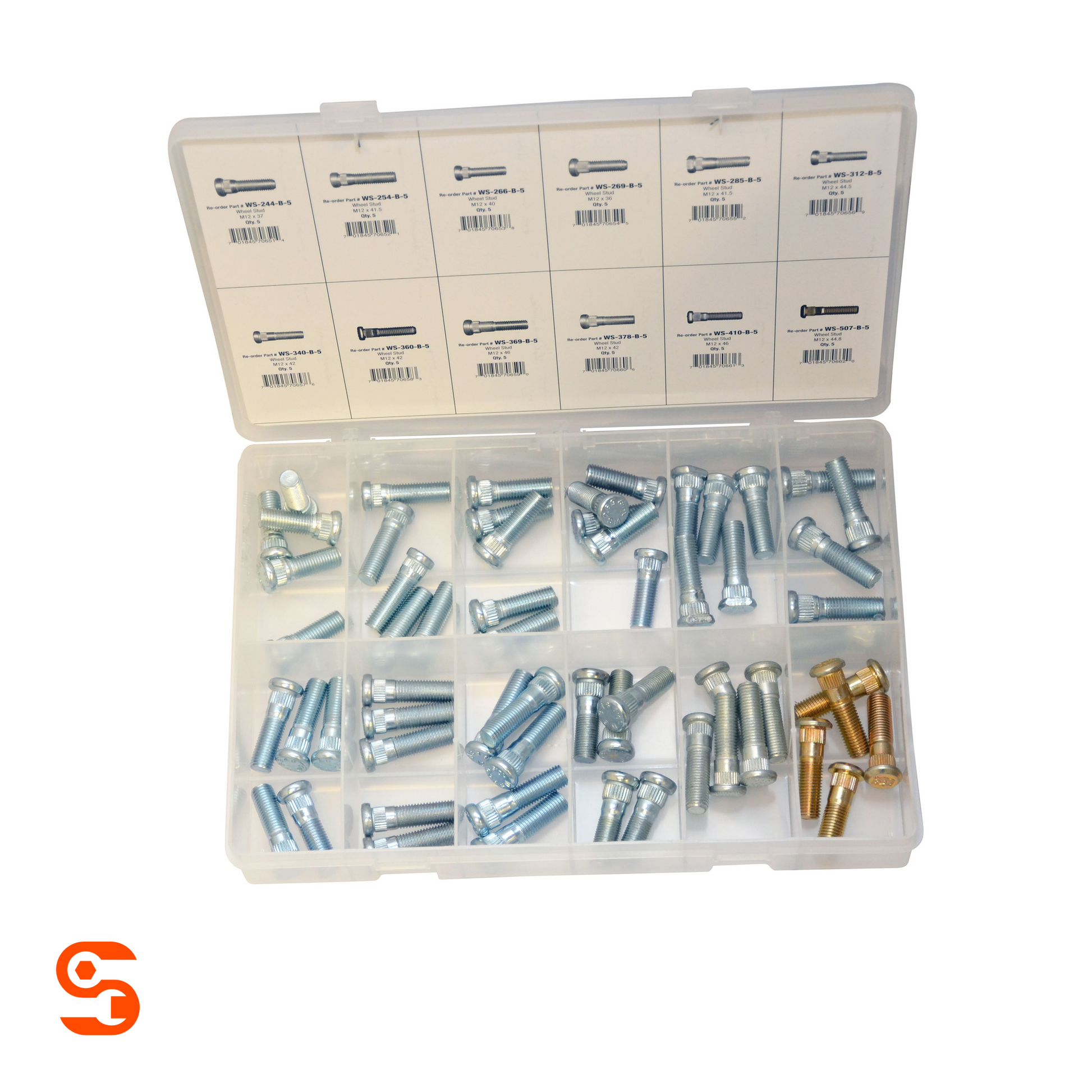 Wheel stud assortment in a clear plastic organizer case with multiple sizes of  metal studs