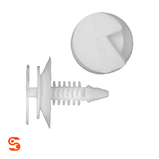 White nylon door panel trim retainer clips with ribbed stems and round heads, shown as side and top views