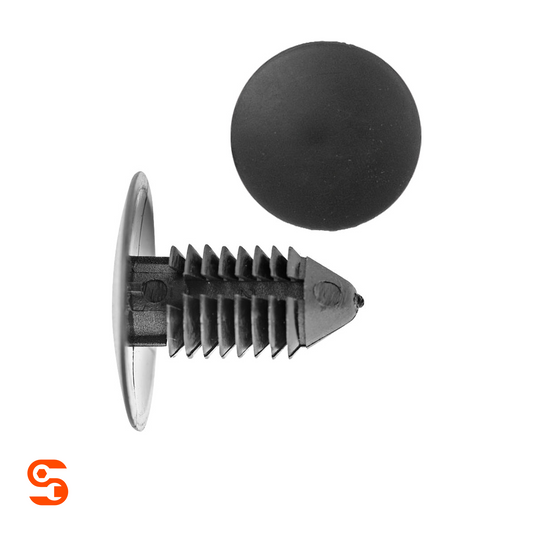 Black nylon radiator apron panel shield retainer clip with ribbed stem and round push-in head, shown with side and top view