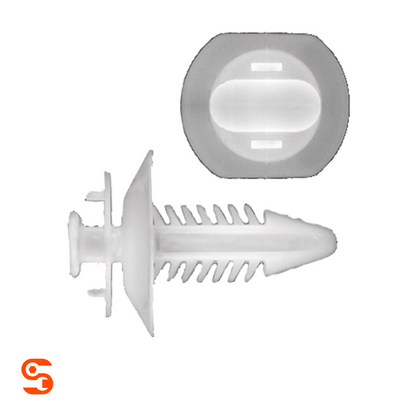 White nylon door trim panel shield retainer clip with ribbed stem, shown in side and top views