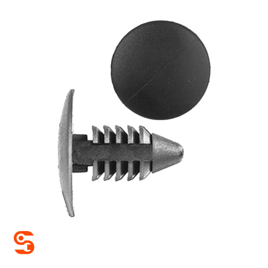 Black nylon fender bumper shield retainer clip with round head and ribbed push-in stem, shown with side and top view