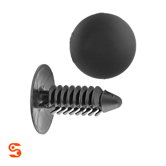 Black nylon push retainer clip with ribbed stem, round head, pointed tip, and matching cap