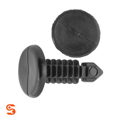 Black nylon weatherstrip shield retainer clip with round head, ribbed stem, pointed tip, shown with side and top view