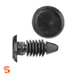 Black nylon weatherstrip shield retainer clips with round heads and ribbed push-in stems, shown with side and top view