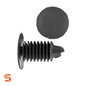 Black nylon weatherstrip shield retainer clip with ribbed stem and round head shown with side and top view