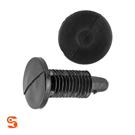 Black nylon slotted trim panel retainer clip with threaded stem and top view, shown with side and top view