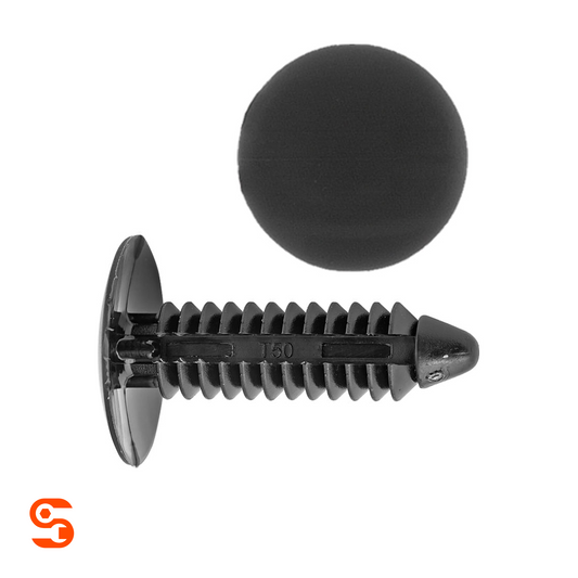 Black nylon splash shield retainer clip with ribbed stem and round head, shown with matching top view