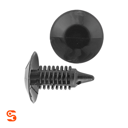 Black nylon trim panel retainer clip with ribbed stem and round shield head, shown with side and top view