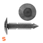 Black nylon hood seal retainer clips with round heads and barbed stems, shown with side and top view
