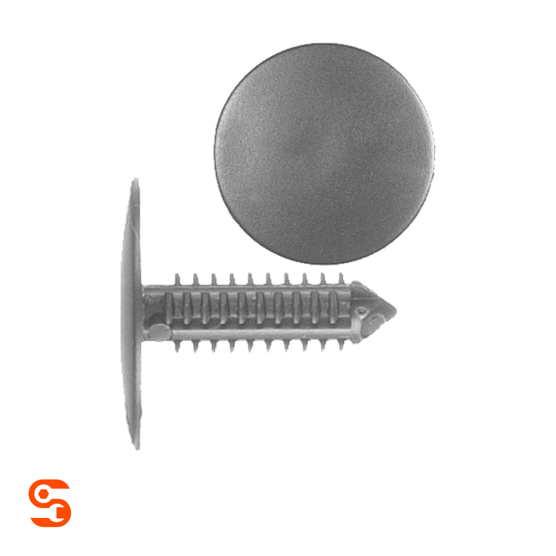 Black nylon trim panel retainer clip with round head and ribbed stem. shown with side and top view