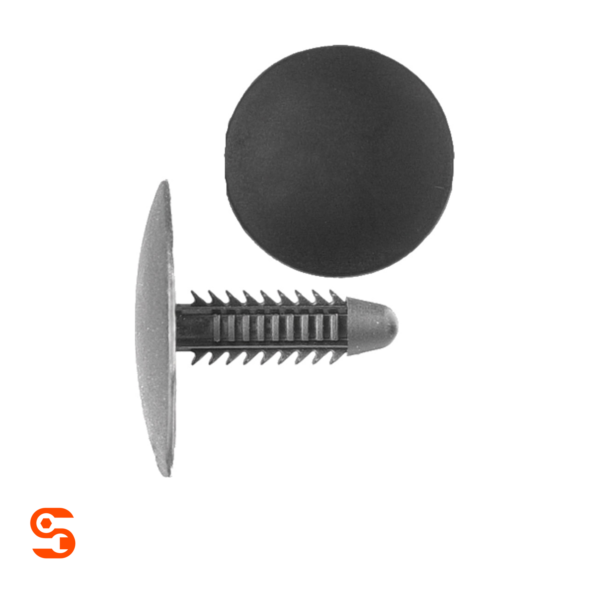 Black nylon carpet shield retainer clips with round head and ribbed push-in stem, shown with side and top view