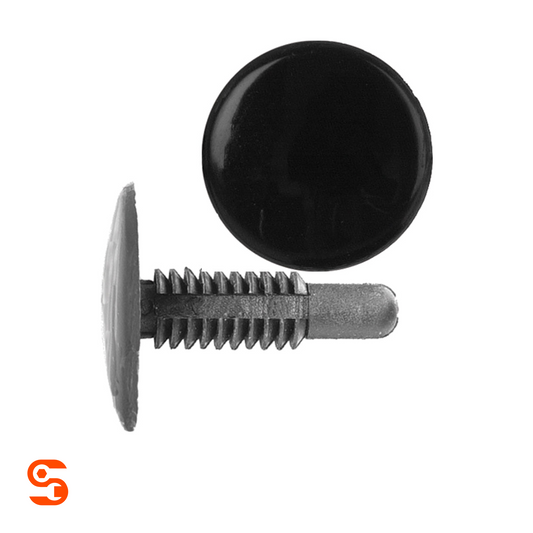 Black nylon trim panel retainer clips with round heads, ribbed stems, and push-in tips, shown with side and top view