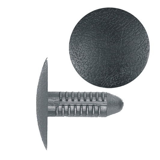 Black Nylon Trim Panel Shield Retainer Clips | Fits Hole Size: 9/32" | Head Diam: 25mm | Stem Size: 20mm | Ford 1983-on / Slider Door & Lift Gate Chrysler Mini Vans 1987-on | OEM# N802734S