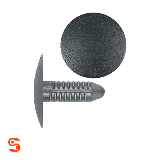 Black nylon trim panel retainer clip with round textured head and ribbed stem shown with side and top view