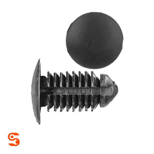 Black nylon trim panel retainer clips with round heads and ribbed push stems, shown with side and top view