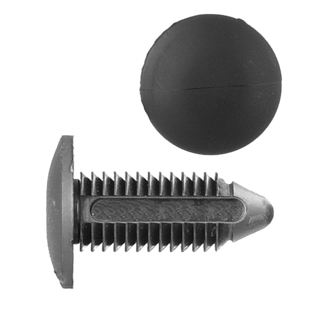 Nylon Bumper Fascia Shield Retainer GM 81-on, Ford 86-on Hole Size: 25/64” (10mm) Color: Black Head Diam: 22mm Stem Size: 28mm