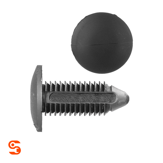 Black nylon bumper retainer clip with round head, ribbed stem, shown with side and top view