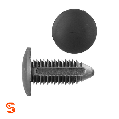 Black nylon bumper retainer clip with round head, ribbed stem, shown with side and top view