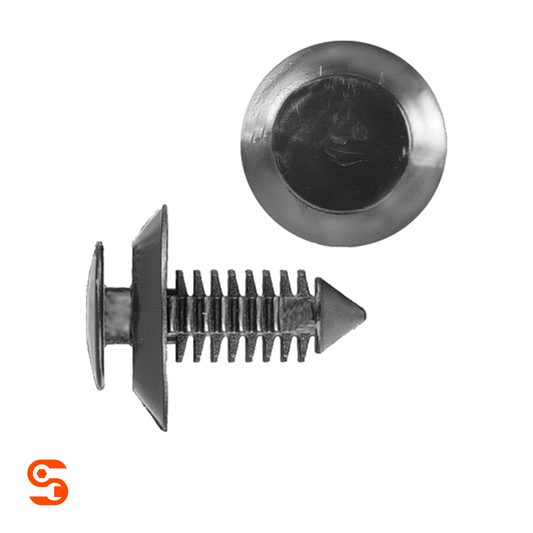 Black nylon door panel trim retainer clips with round heads, ridged stems, and pointed tips on white background