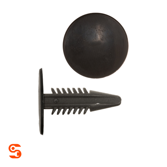Black nylon seat back shield retainer clip with round head and ribbed pointed stem shown with side and top view