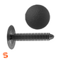 Black nylon trim panel shield retainer clip with ribbed stem and round head, shown with side and top view